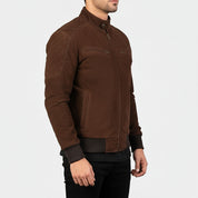 model-side-view - Men Brown suede slim fit jacket, Men brown suede biker jacket