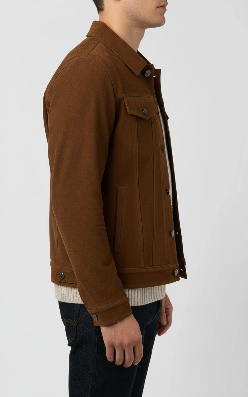 model-side-view - Men brown suede trucker jacket, Men trucker suede shirt collared jacket