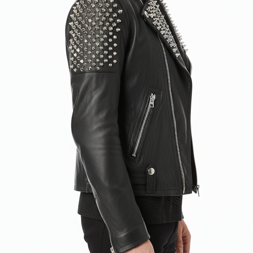 model-side-view - Men Casual Black Silver Studded Rocker Punk Style Biker Leather Jacket
