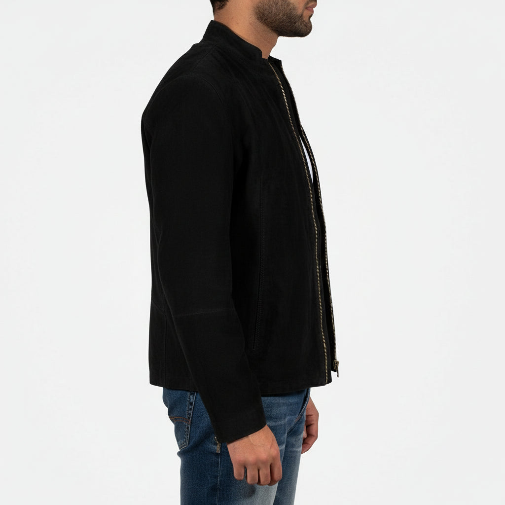 model-side-view - Men charcoal Black jacket, suede slim fit jacket, black suede jacket men