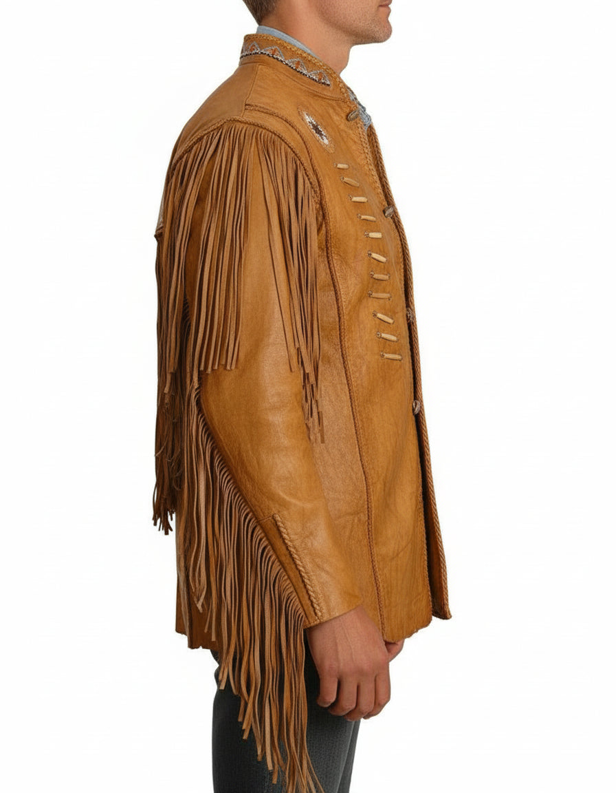 model-side-view - Men Cowboy Style Leather Jacket, Western Style Fringe Leather Jackets