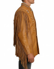 model-side-view - Men Cowboy Style Leather Jacket, Western Style Fringe Leather Jackets