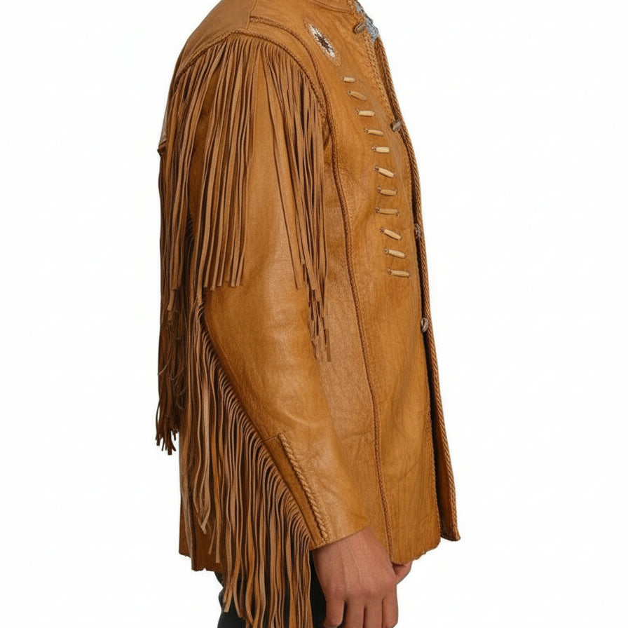 model-side-view - Men Cowboy Style Leather Jacket, Western Style Fringe Leather Jackets