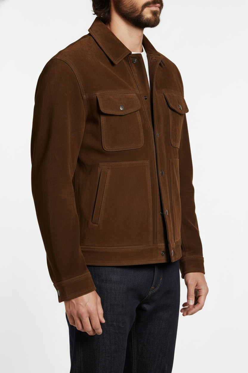 model-side-view - Men dark brown suede trucker jacket, Brown trucker suede jacket