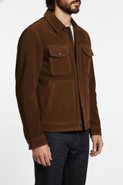 model-side-view - Men dark brown suede trucker jacket, Brown trucker suede jacket
