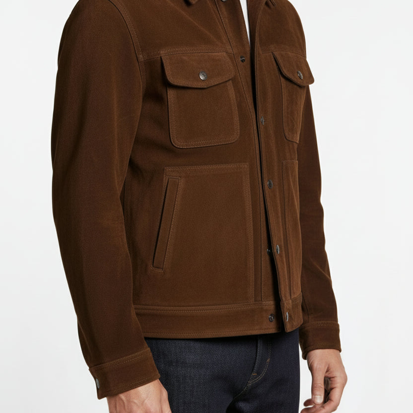 model-side-view - Men dark brown suede trucker jacket, Brown trucker suede jacket