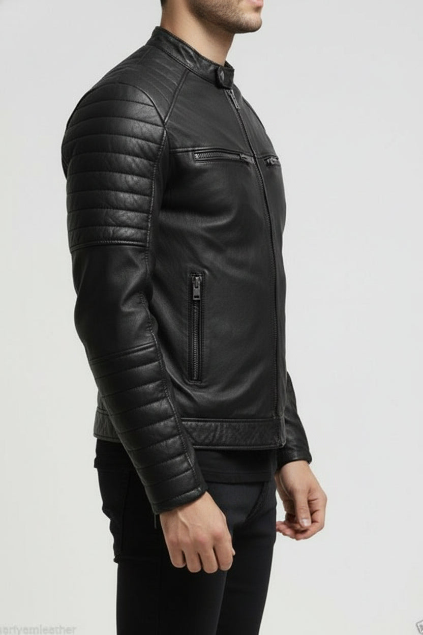 model-side-view - Men Fashion Black Leather Jacket Motorcycle Leather Jacket Biker Jacket