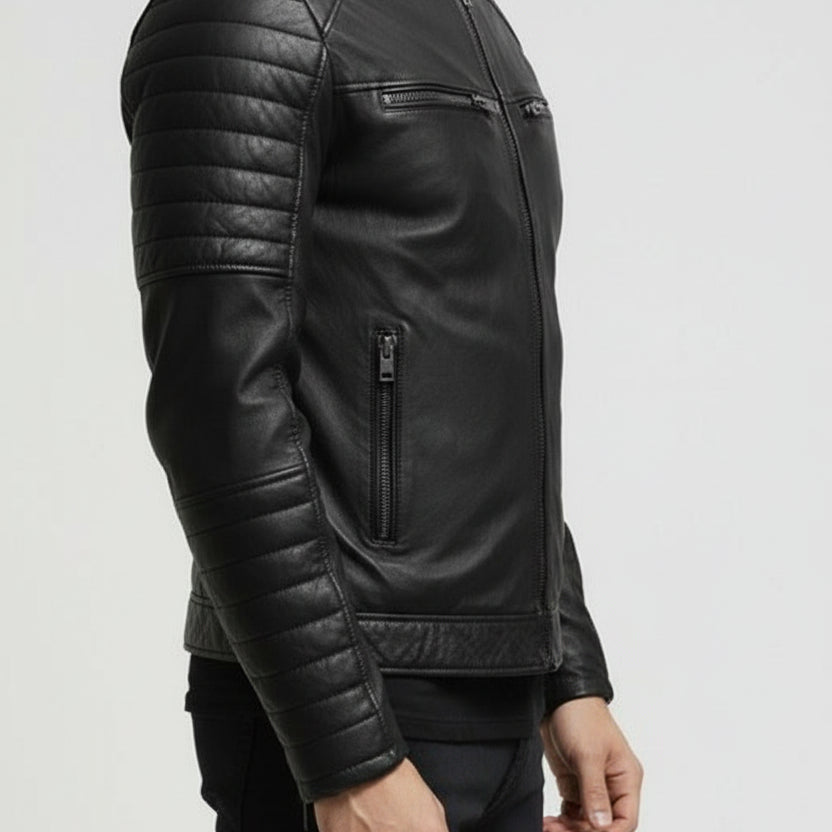 model-side-view - Men Fashion Black Leather Jacket Motorcycle Leather Jacket Biker Jacket