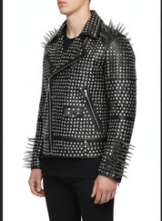 model-side-view - Men Full Black Punk Silver Long Spiked Studded Leather Brando Biker Jacket