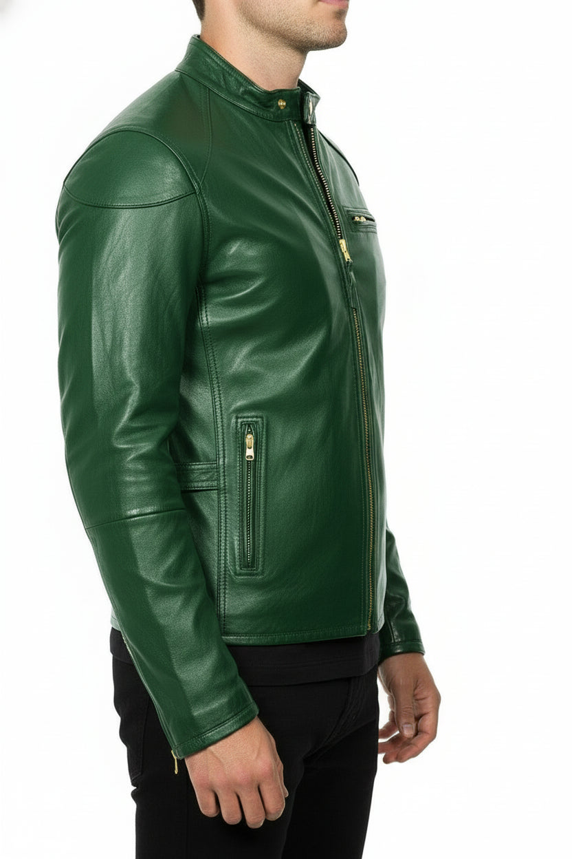 model-side-view - Men Green leather slim fit jacket, Men biker jacket, Motorcycle jacket men