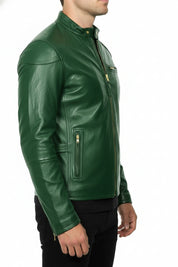 model-side-view - Men Green leather slim fit jacket, Men biker jacket, Motorcycle jacket men