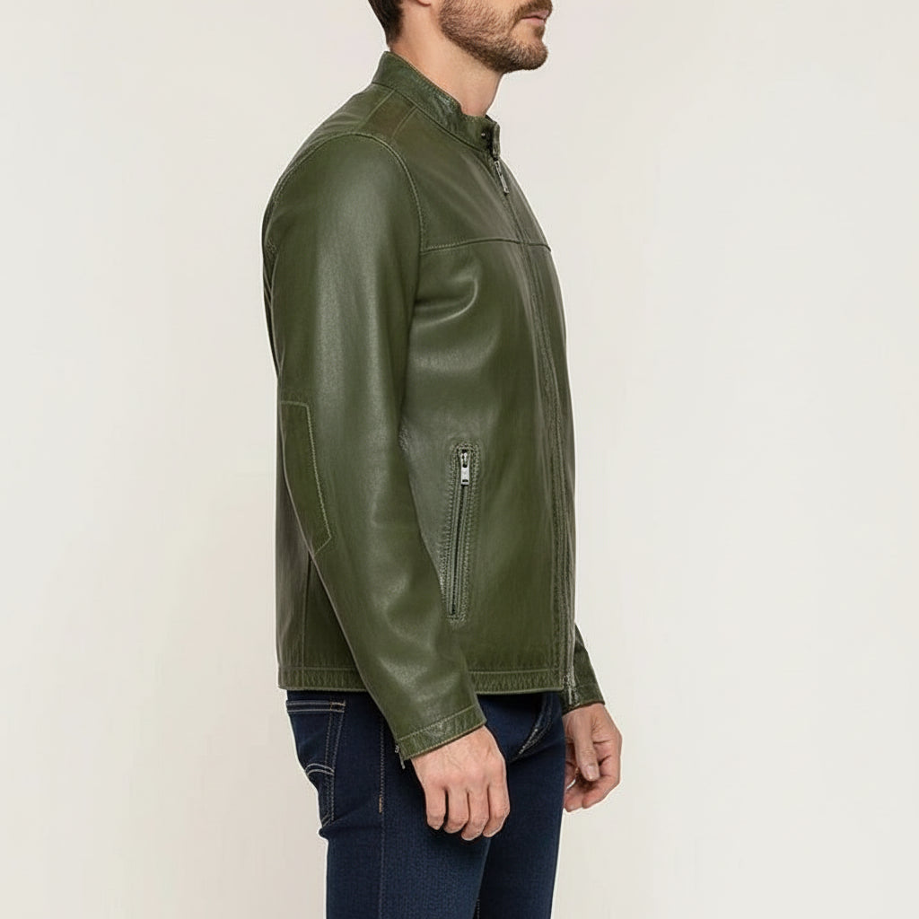 model-side-view - Men Green Slim fit leather jacket, real leather biker jacket
