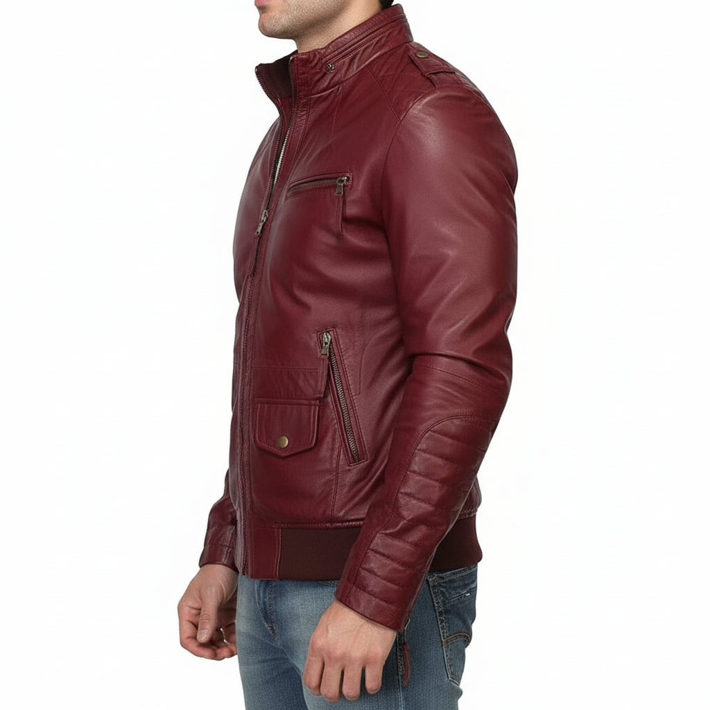 model-side-view - Men Maroon Color Slim Fit Leather Jacket. Fashion Biker Leather Jacket