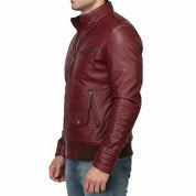 model-side-view - Men Maroon Color Slim Fit Leather Jacket. Fashion Biker Leather Jacket