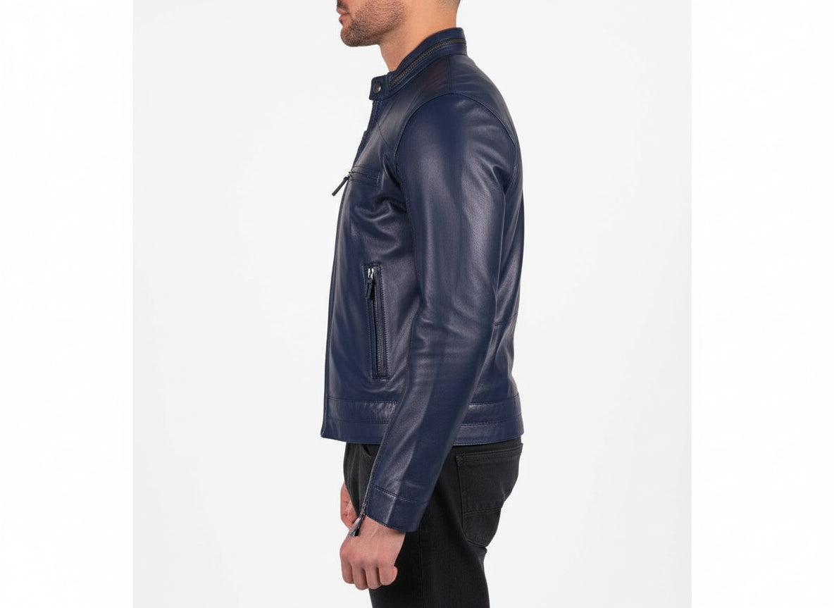 model-side-view - Men Navy blue biker leather Jacket, Blue motorcycle jacket, jacket for men