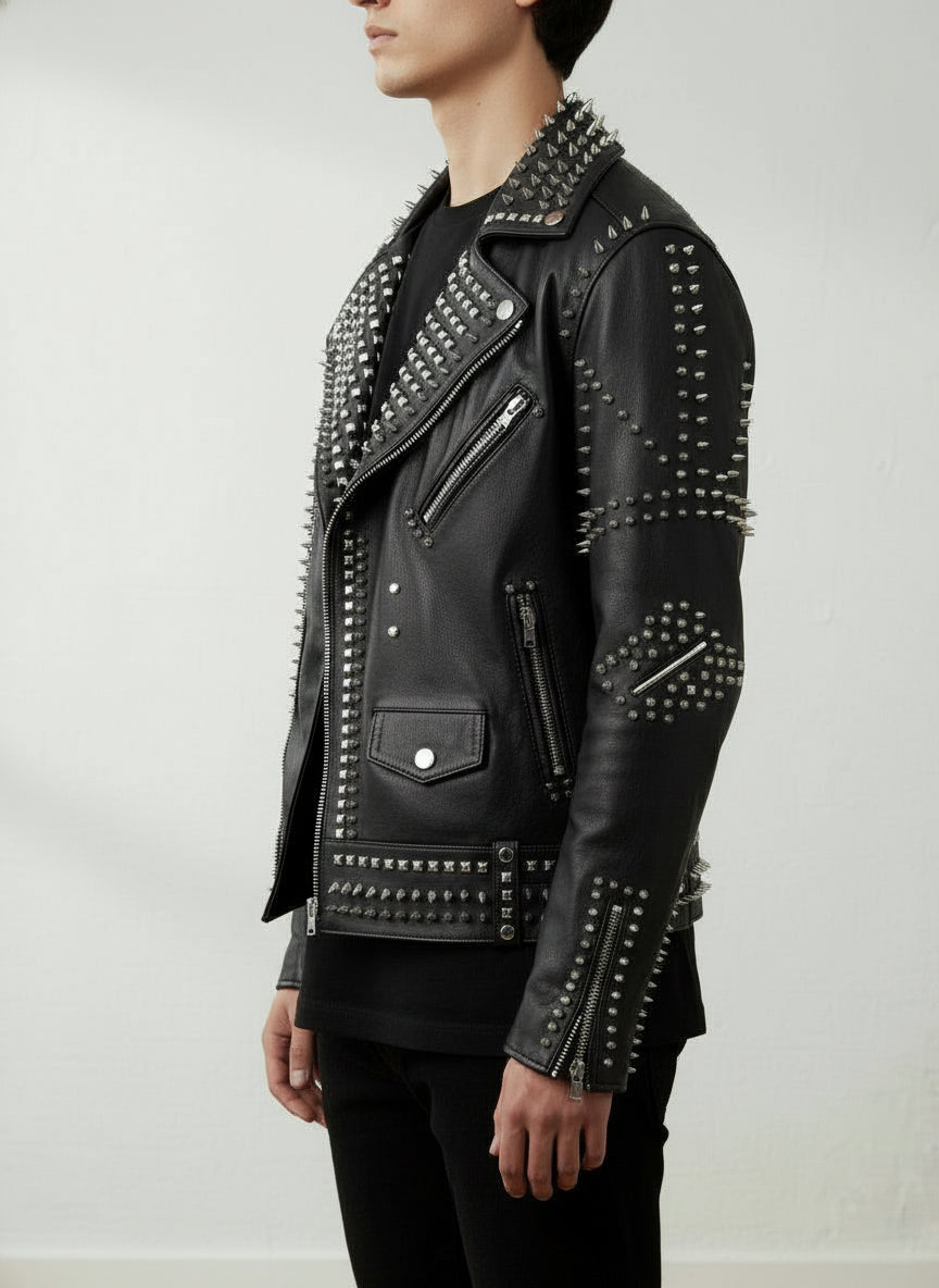 model-side-view - Men Punk Black Embroidered Jacket. Men Leather Rock Studded Spiked Jacket