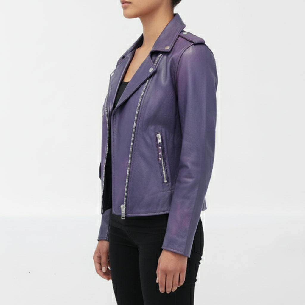 model-side-view - Men Purple Leather Fashion Jacket, Purple Leather Biker Jacket