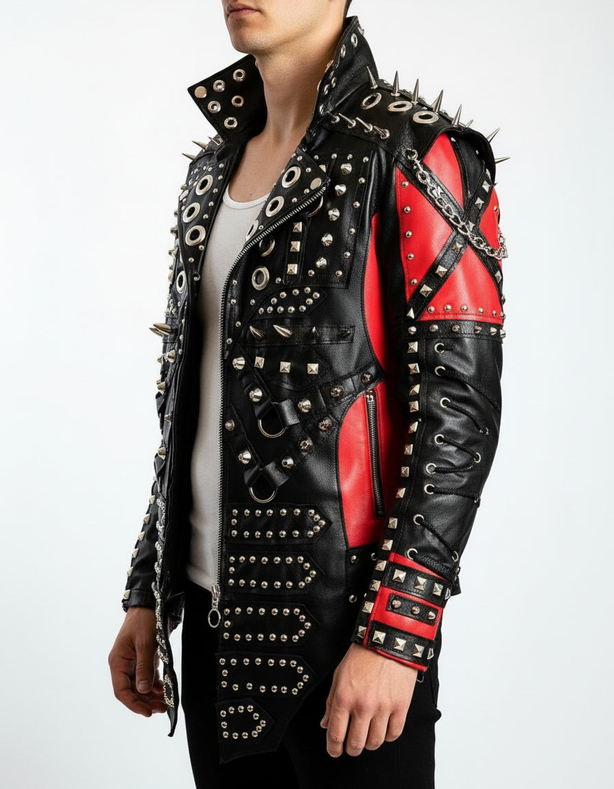 model-side-view - Men Red and Black Gothic studded leather jacket, Men studded jacket