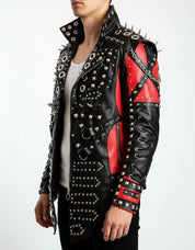 model-side-view - Men Red and Black Gothic studded leather jacket, Men studded jacket