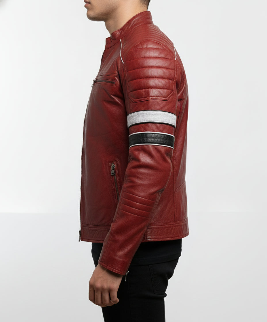 model-side-view - Men Red Leather Biker Fashion Jacket with Stripes, Mens Leather Apparel