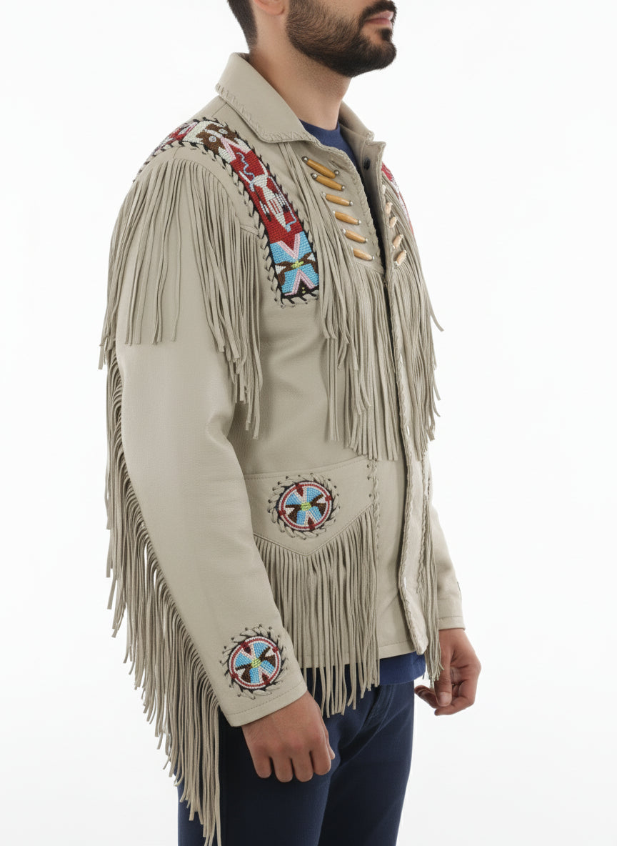 model-side-view - Men Sculley Beige Finished Cow Suede Leather Jacket Western Wear Beads & Fringe