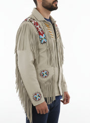 model-side-view - Men Sculley Beige Finished Cow Suede Leather Jacket Western Wear Beads & Fringe