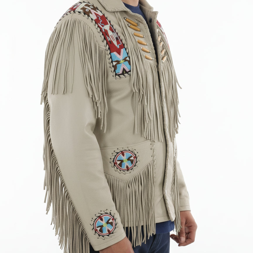 model-side-view - Men Sculley Beige Finished Cow Suede Leather Jacket Western Wear Beads & Fringe