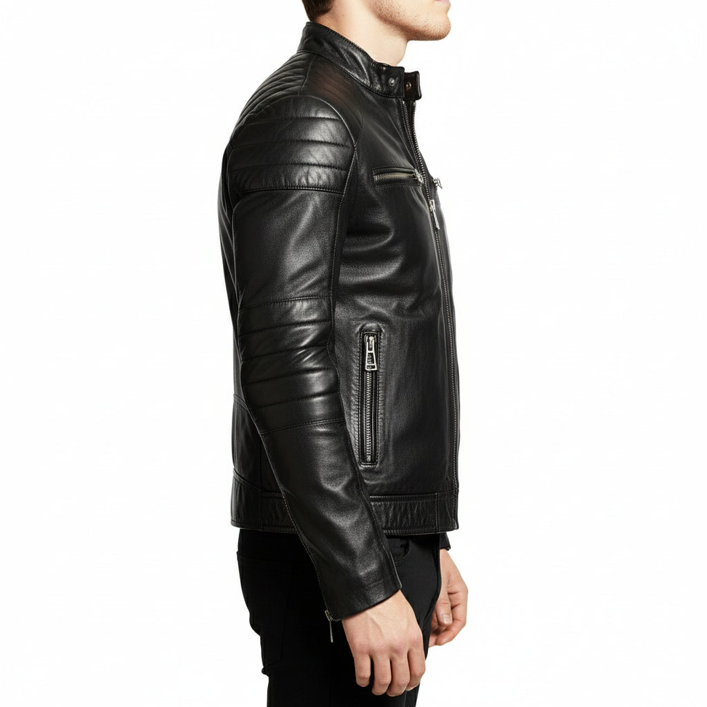model-side-view - Men Slim Fit Black Sheep Leather Biker Jacket, Men Premium Leather Motorcycle Jacket