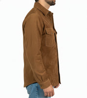 model-side-view - Men tan suede leather Shirt, tan brown flap pockets leather shirt jacket