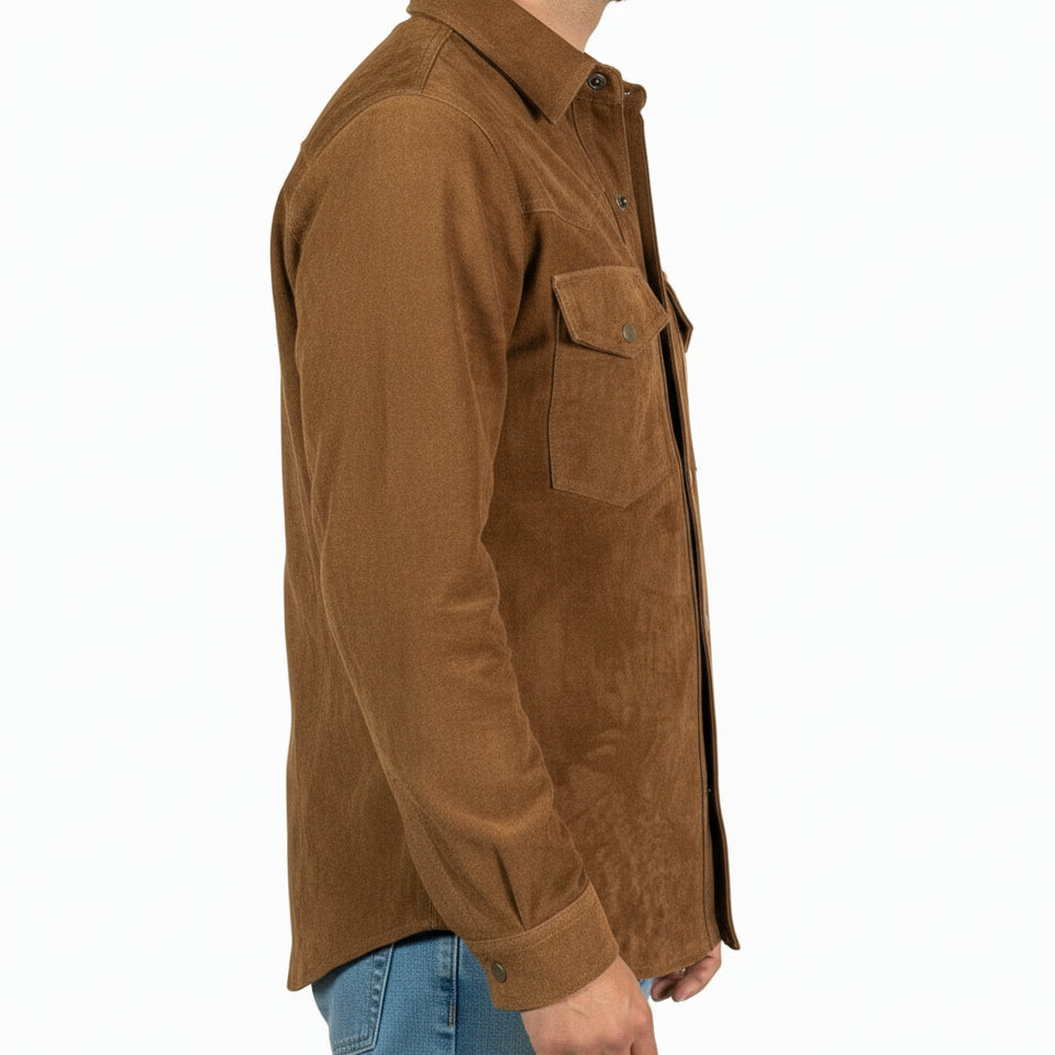 model-side-view - Men tan suede leather Shirt, tan brown flap pockets leather shirt jacket
