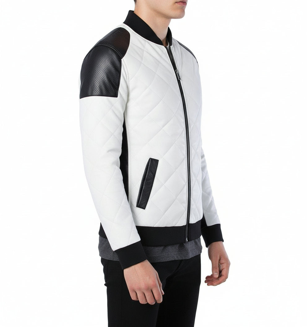 model-side-view - Men Two Tone Quilted Leather Jacket Mens Fashion Stand Collar Rider Jacket