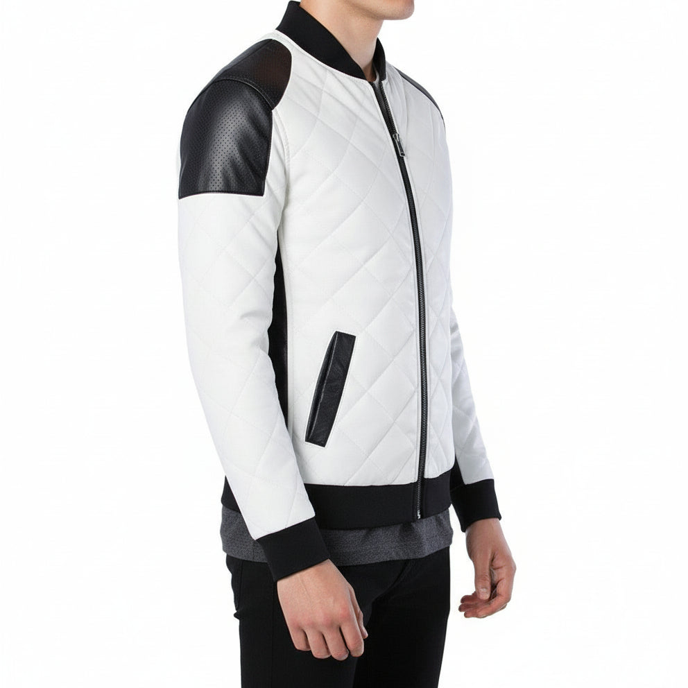 model-side-view - Men Two Tone Quilted Leather Jacket Mens Fashion Stand Collar Rider Jacket