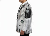 model-side-view - Men White Cow Leather Western Cowboy Jacket With Fringe, Mens Fringe Jacket