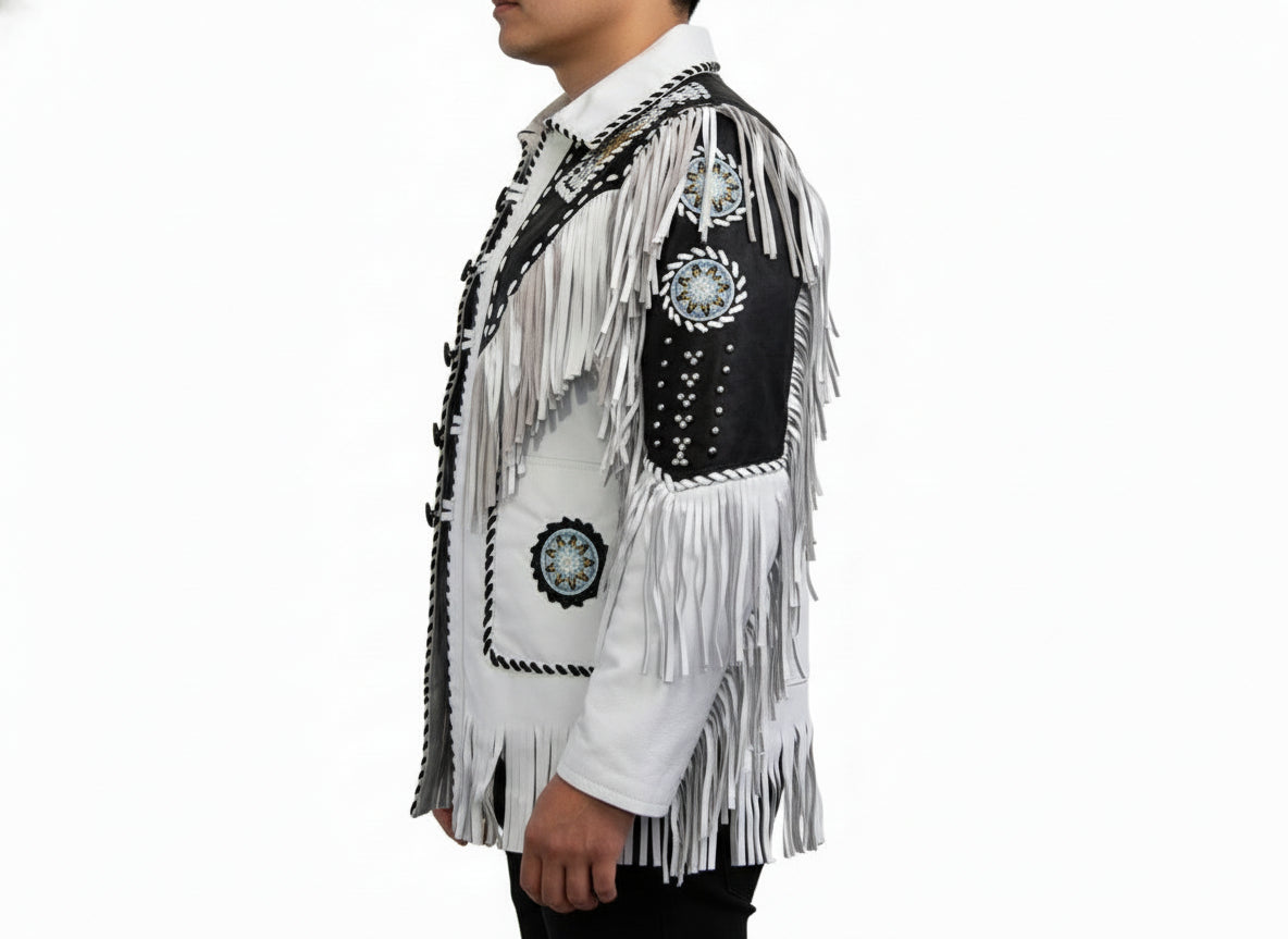 model-side-view - Men White Cow Leather Western Cowboy Jacket With Fringe, Mens Fringe Jacket
