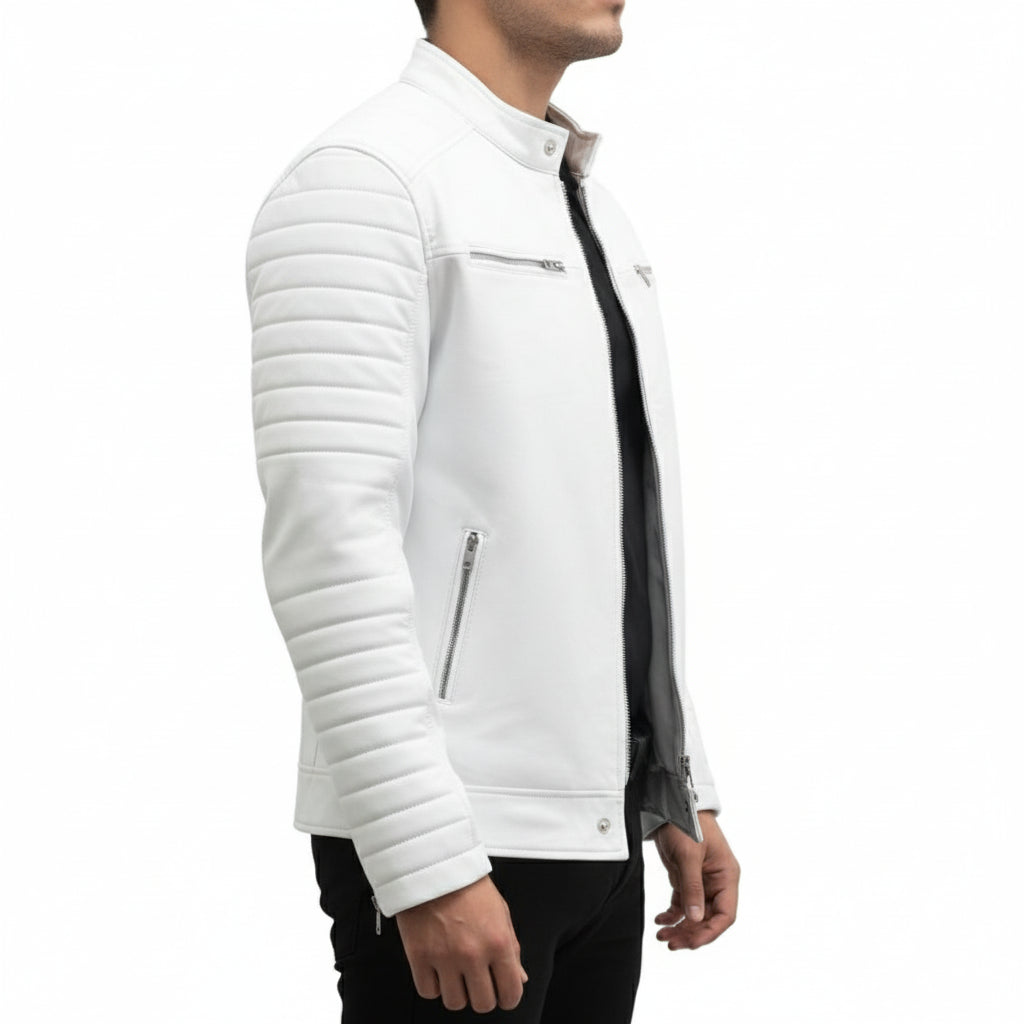 model-side-view - Men white leather slimfit jacket, Men motorcycle jacket, Jacket for men
