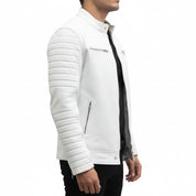 model-side-view - Men white leather slimfit jacket, Men motorcycle jacket, Jacket for men