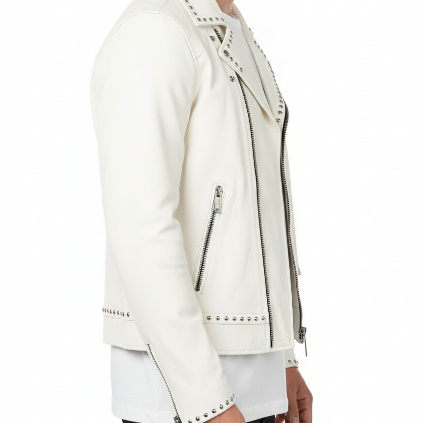 model-side-view - Men White Studded Leather Jacket, Motorcycle Fashion Leather Jackets