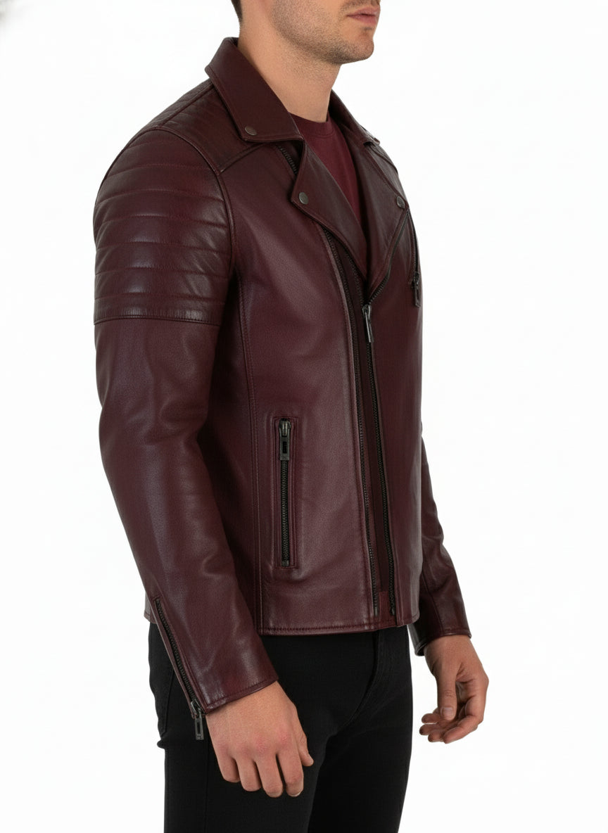 model-side-view - Men's Aged Genuine Leather Jacket Slim Fit zip Closure Vintage Style
