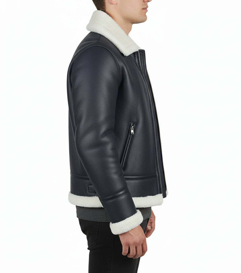 model-side-view - Men's B-3 Shearling Jacket, Aviator Leather Jacket, Bomber Jacket, Flight Jacket