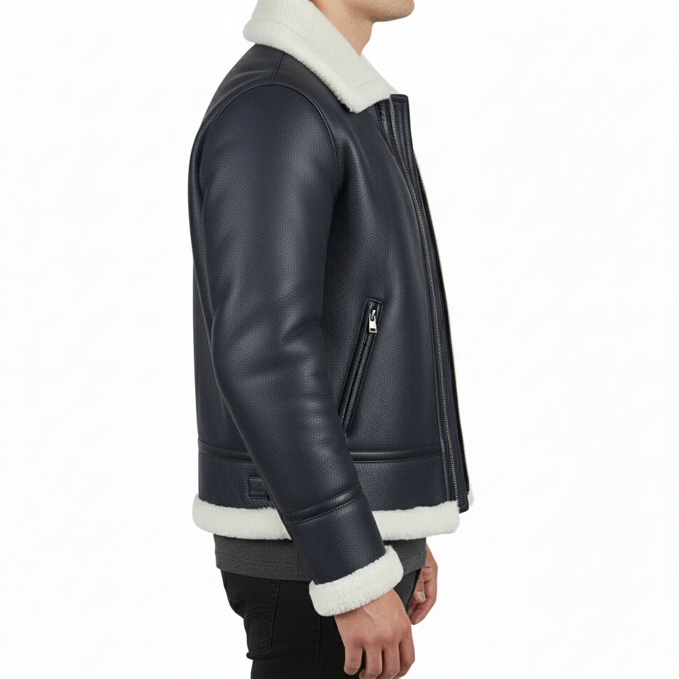 model-side-view - Men's B-3 Shearling Jacket, Aviator Leather Jacket, Bomber Jacket, Flight Jacket