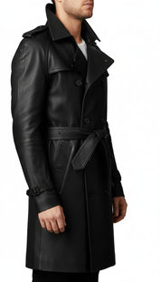 model-side-view - Men's Belted Leather Trench Coat in Genuine Cowhide
