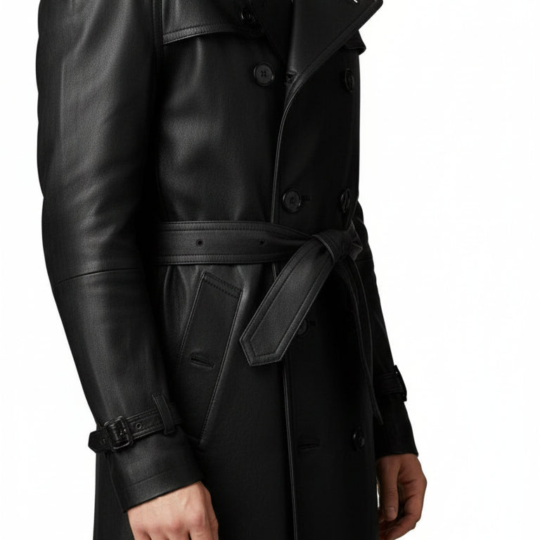 model-side-view - Men's Belted Leather Trench Coat in Genuine Cowhide