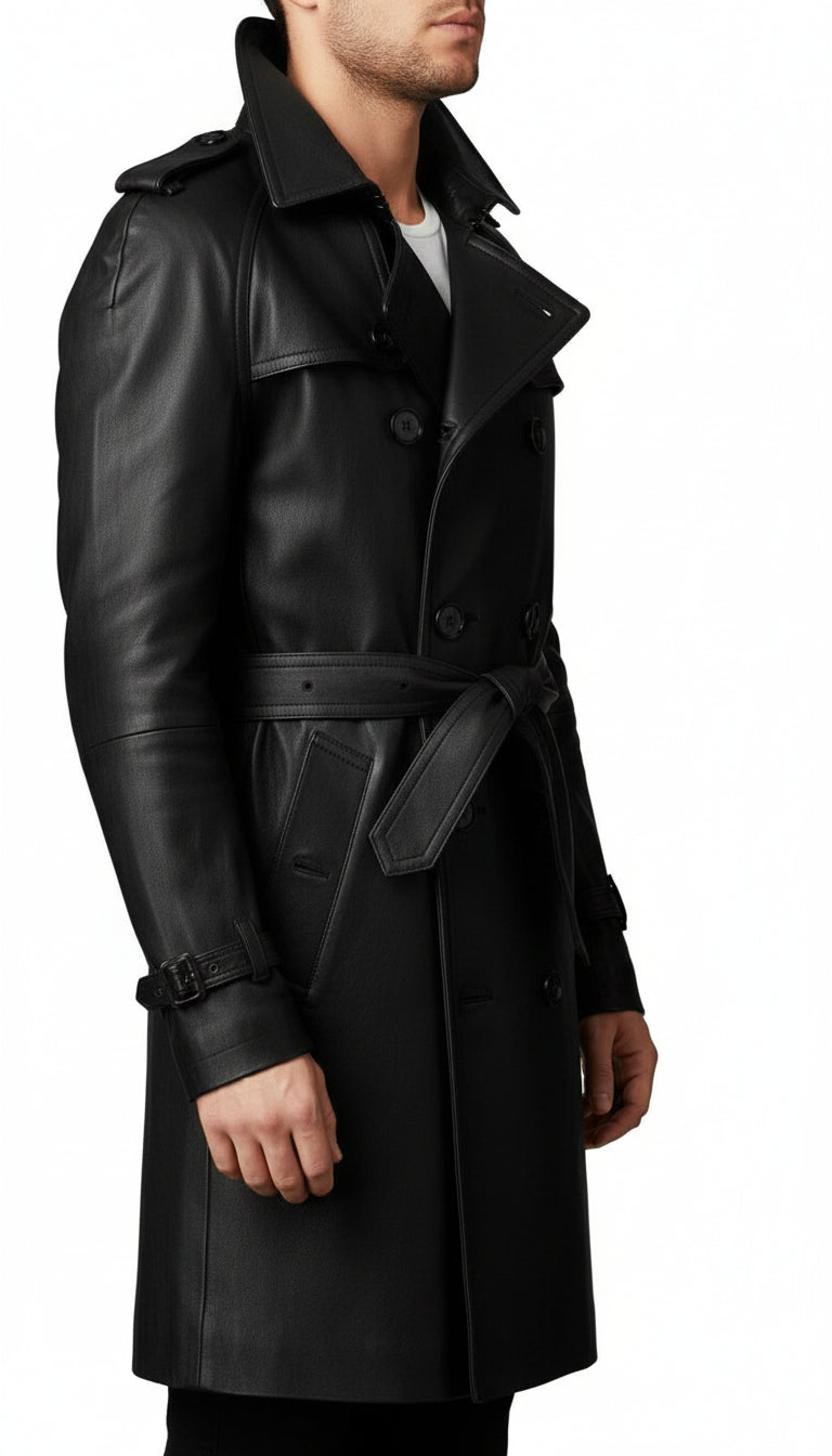 Men's Handmade Belted Leather Trench Coat in Genuine Cowhide