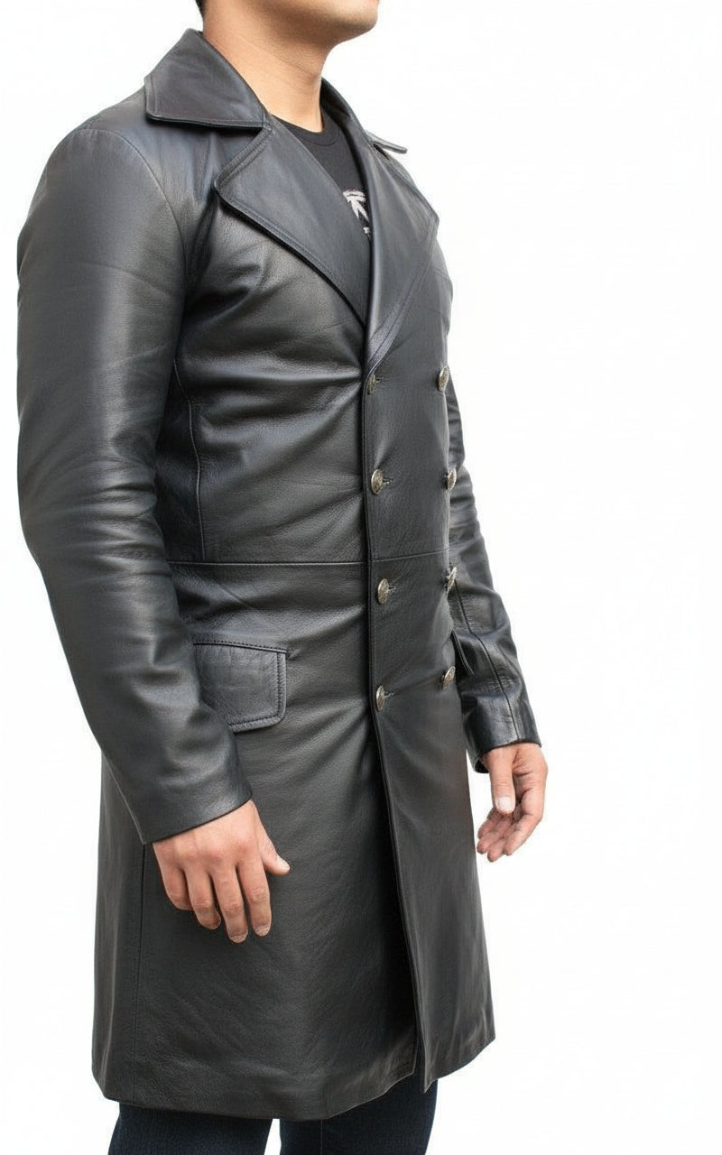 model-side-view - Mens Bespoke Long Coat Fashion Leather Jacket Real Cowhide Leather Jacket