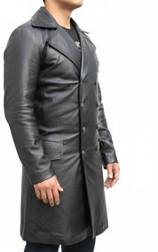model-side-view - Mens Bespoke Long Coat Fashion Leather Jacket Real Cowhide Leather Jacket