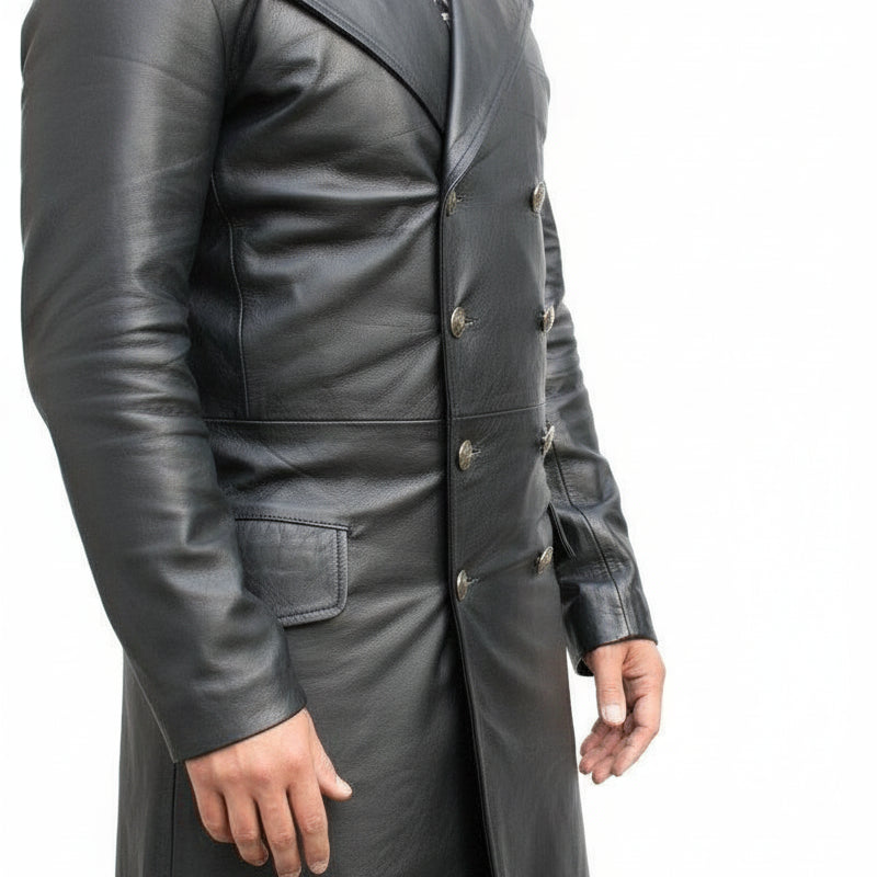 model-side-view - Mens Bespoke Long Coat Fashion Leather Jacket Real Cowhide Leather Jacket