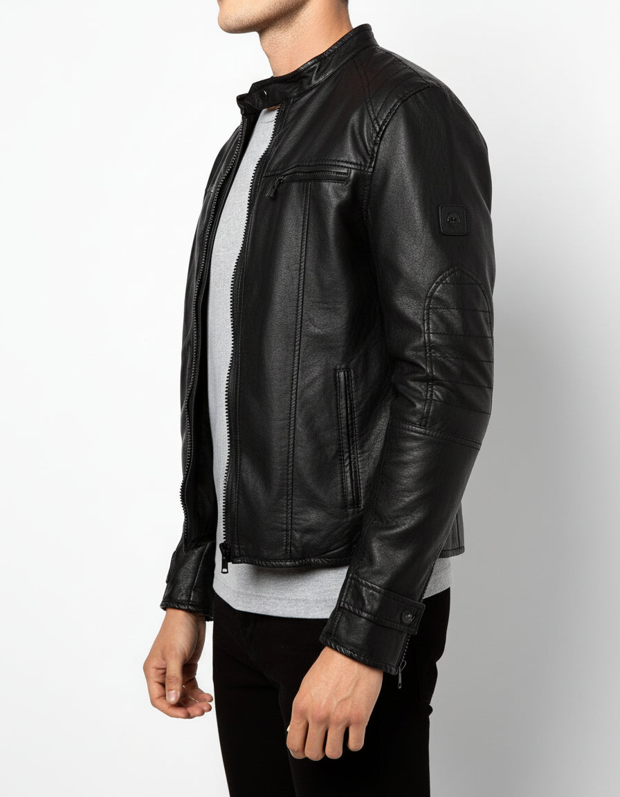 model-side-view - Men's Biker Leather Jacket, Black Leather Jacket Mens