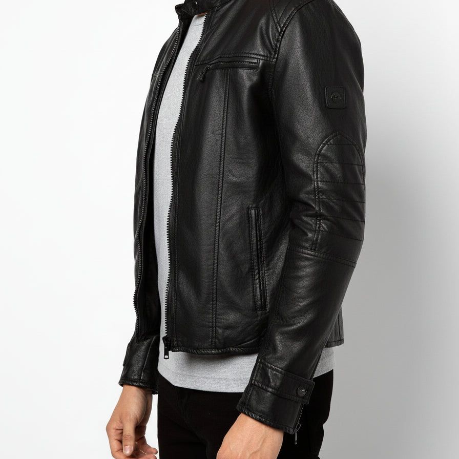 model-side-view - Men's Biker Leather Jacket, Black Leather Jacket Mens