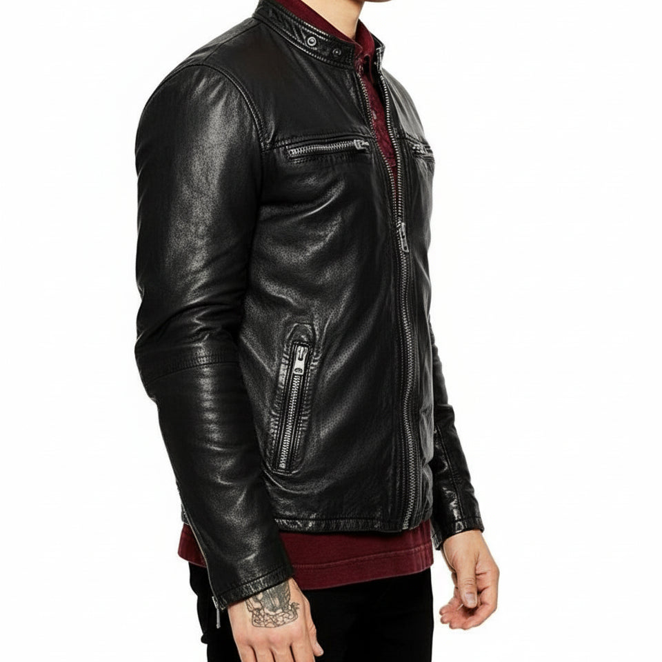model-side-view - Mens Biker Leather Jacket, Men Fashion Black Leather Jacket,Leather Jacket