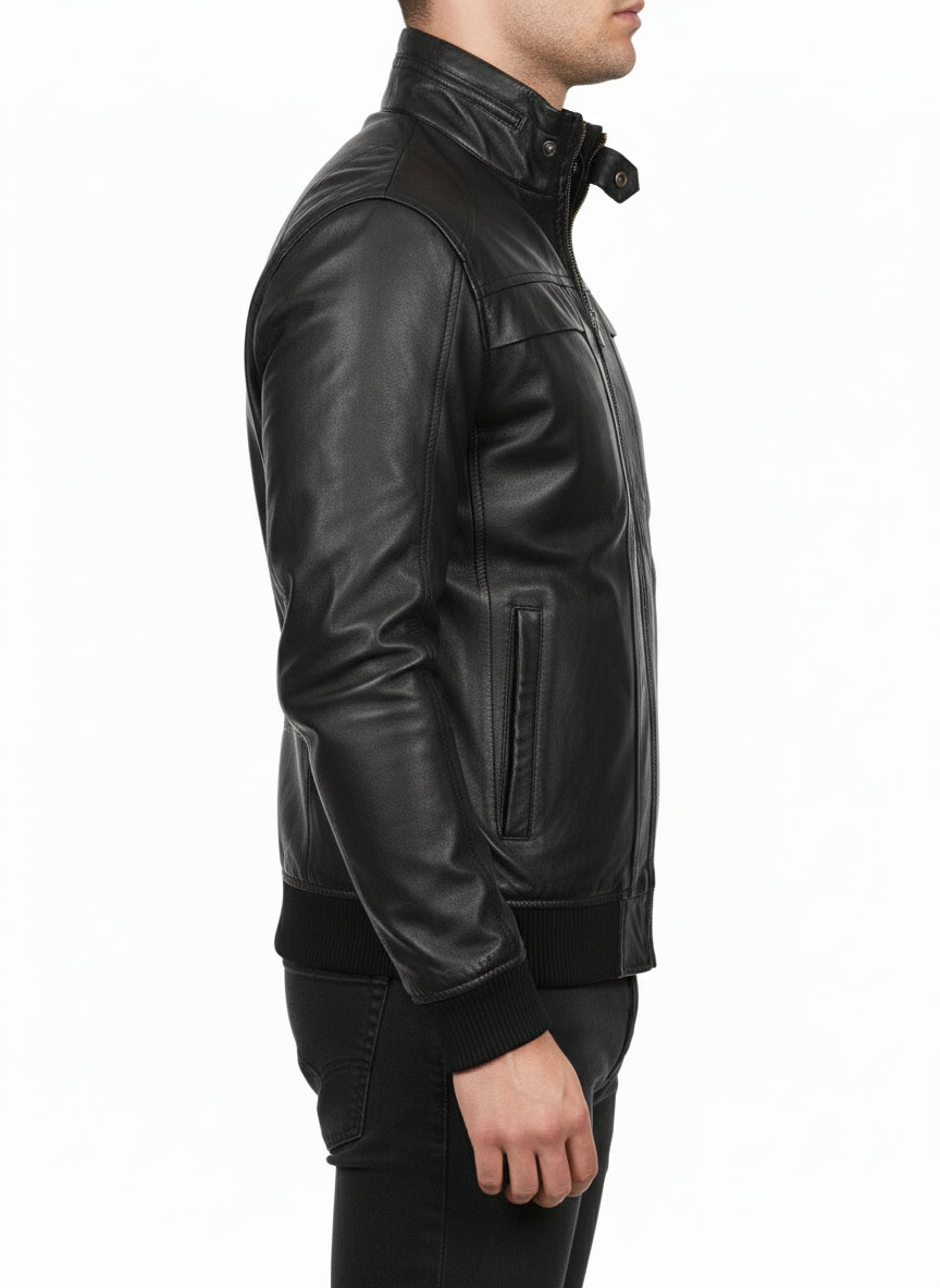 model-side-view - Mens Biker Leather Jacket, Men Slim Fit Black Biker Leather Jacket
